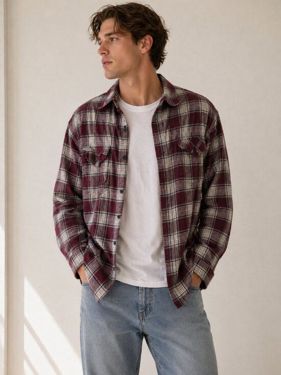 Farwest Other - FarWest Plaid Flannel Button-Up Shirt Burgundy Cream Cotton L